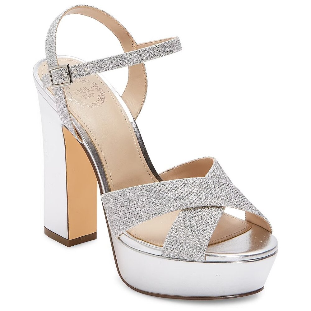Silver Glitter Platform Sandals with Ankle Strap - Women